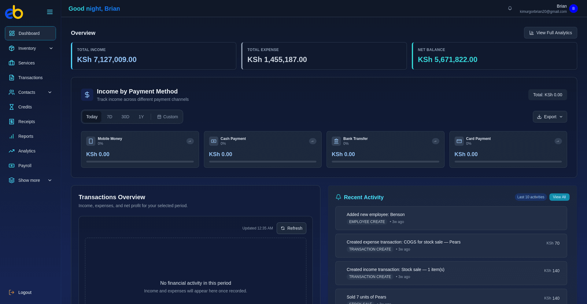 EaseBook dashboard showing income, expenses, net balance, and recent activity